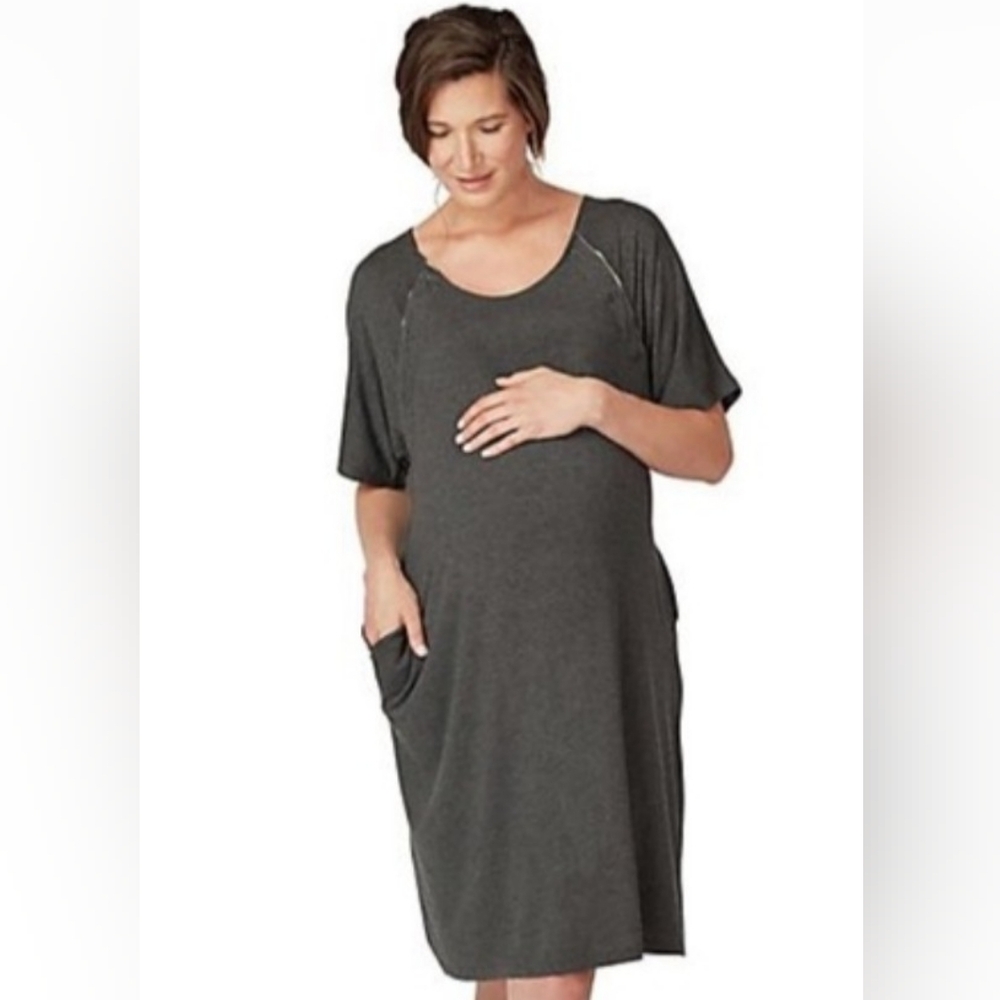 Frida Mom Delivery Nursing Gown Charcoal Gray Stretch Jersey Maternity One Size